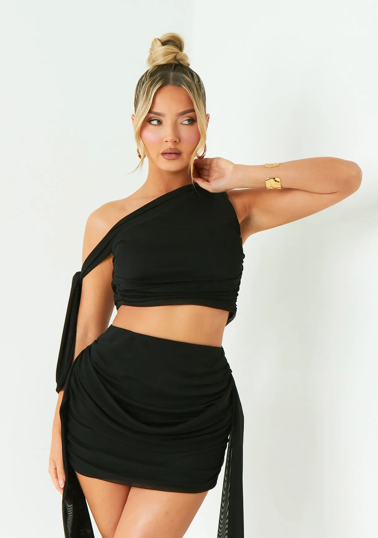Diana Black One Shoulder Tie Detail Mesh Crop Top sold by Missy Empire product image thumbnail 4