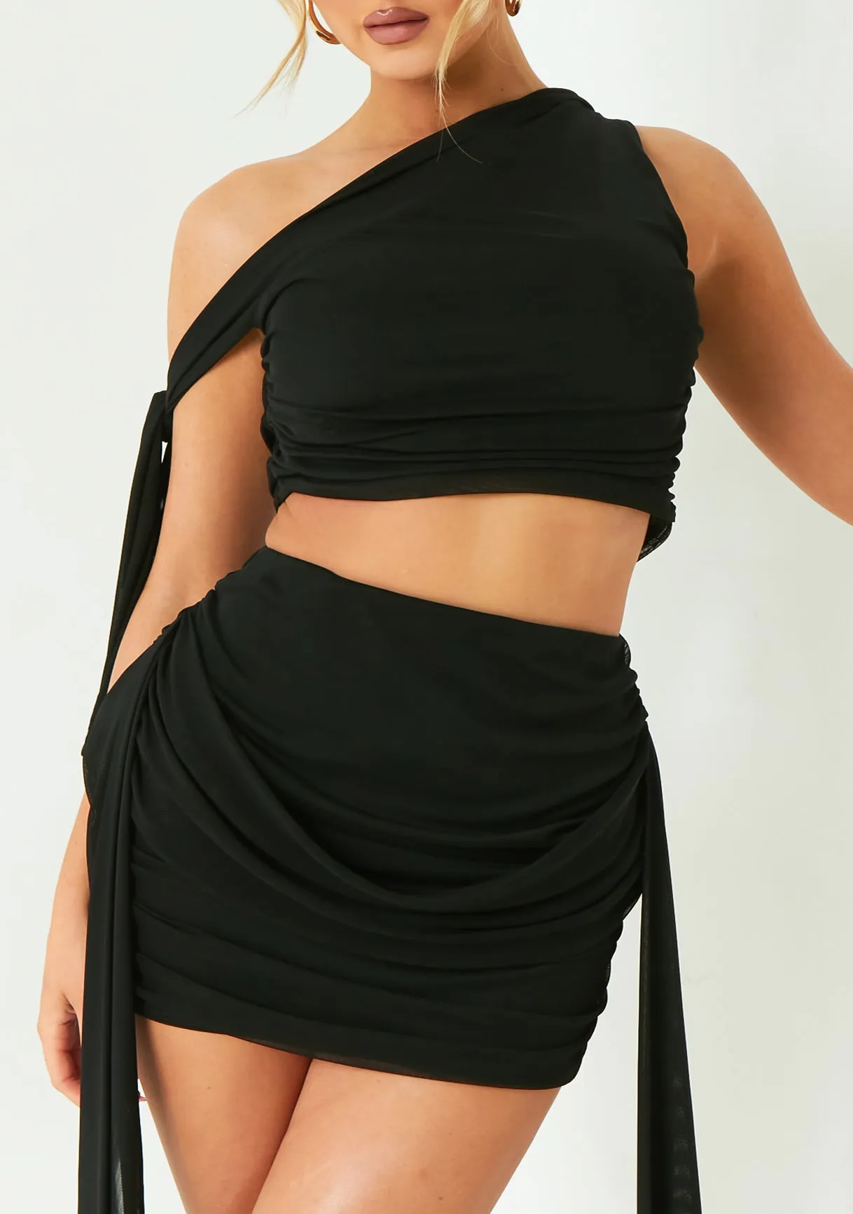 Diana Black One Shoulder Tie Detail Mesh Crop Top sold by Missy Empire product image thumbnail 2