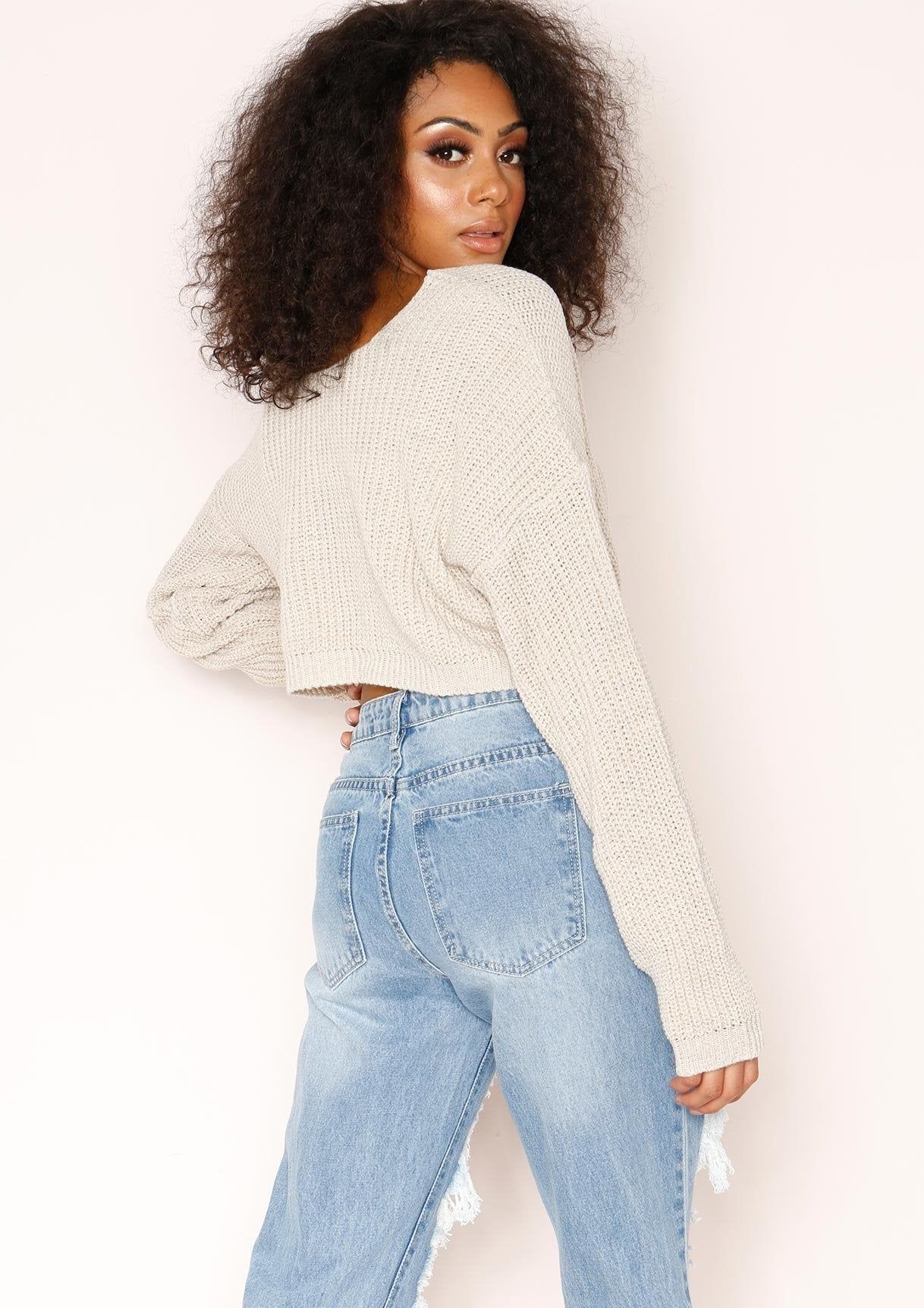 Kaye Beige Knit Cropped Jumper sold by Missy Empire product image thumbnail 2