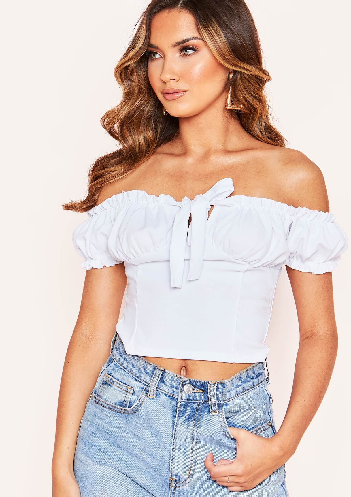 Lola White Frill Bardot Milkmaid Crop Top sold by Missy Empire product image thumbnail 5