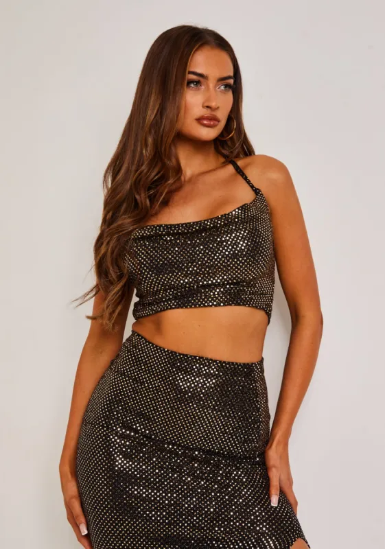 Nellie Gold Sequin Halterneck Top sold by Missy Empire