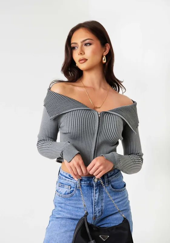 Elora Grey Knit Folded Zip Through Top sold by Missy Empire