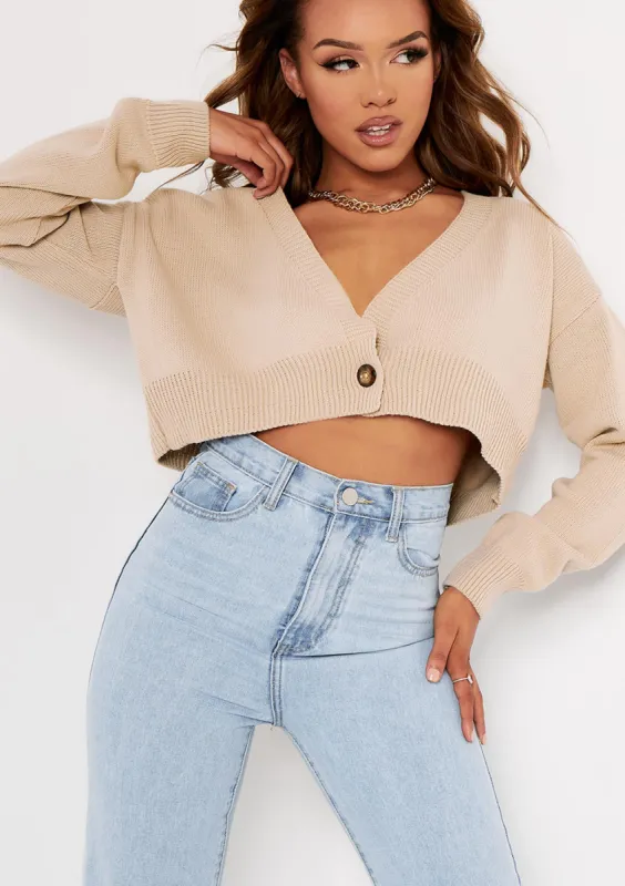 Nora Beige Cropped Knitted Cardigan sold by Missy Empire