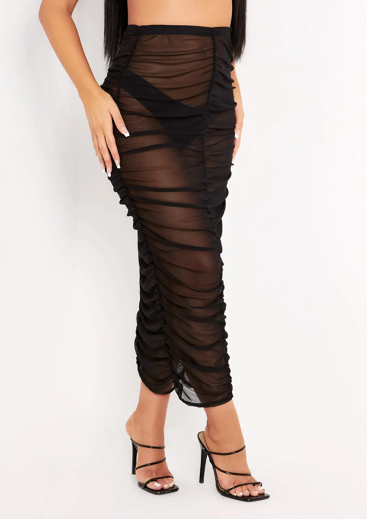 Siobhan Black Mesh Ruched Midi Skirt sold by Missy Empire product image thumbnail 3