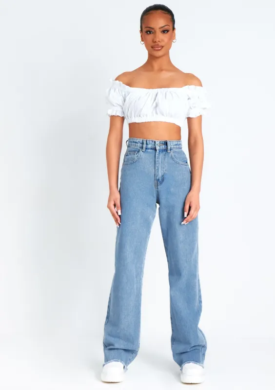 Nola Ivory Ruched Bardot Crop Top sold by Missy Empire