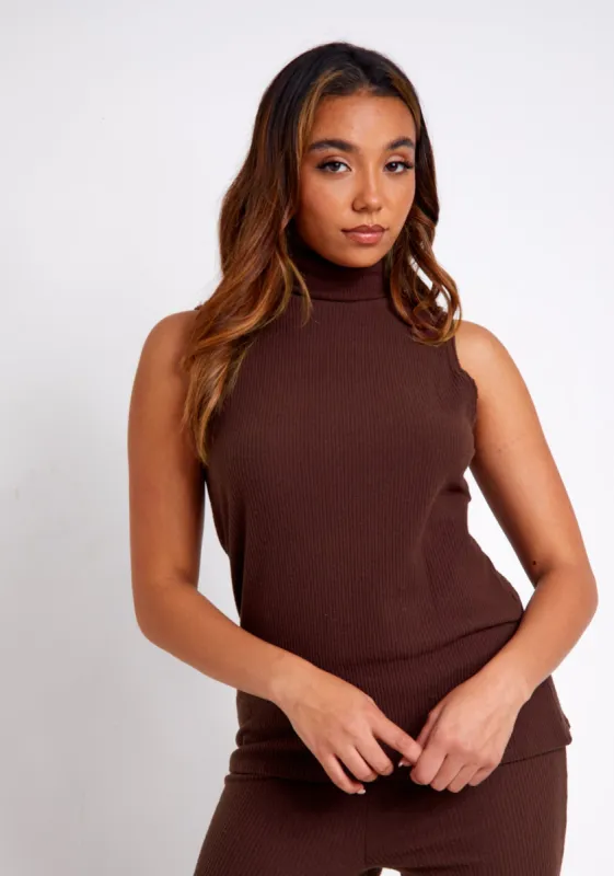 Janie Chocolate Brushed Rib High Neck Knitted Sleeveless Top sold by Missy Empire