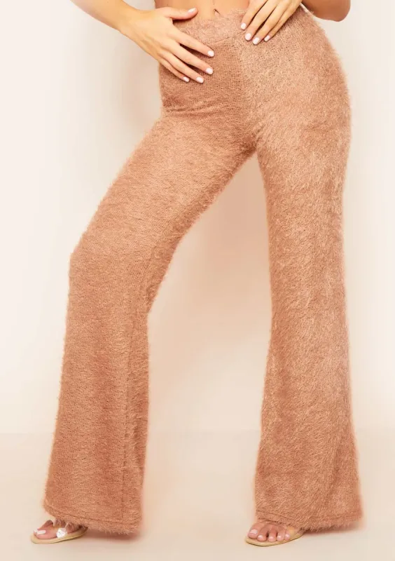 Meya Tan Fluffy Knit Wide Leg Trousers made by Missy Empire