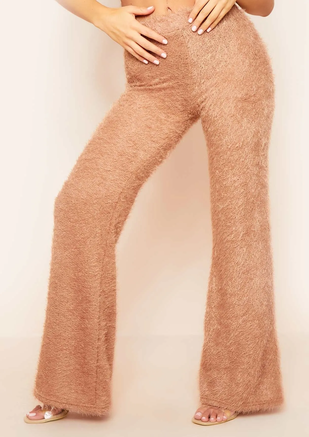 Meya Tan Fluffy Knit Wide Leg Trousers sold by Missy Empire
