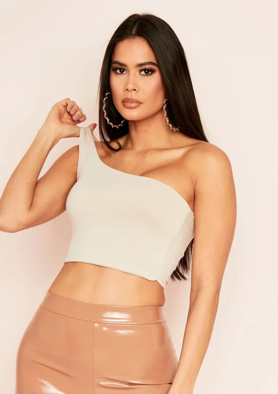 Mira Beige Basic One Shoulder Crop Top sold by Missy Empire
