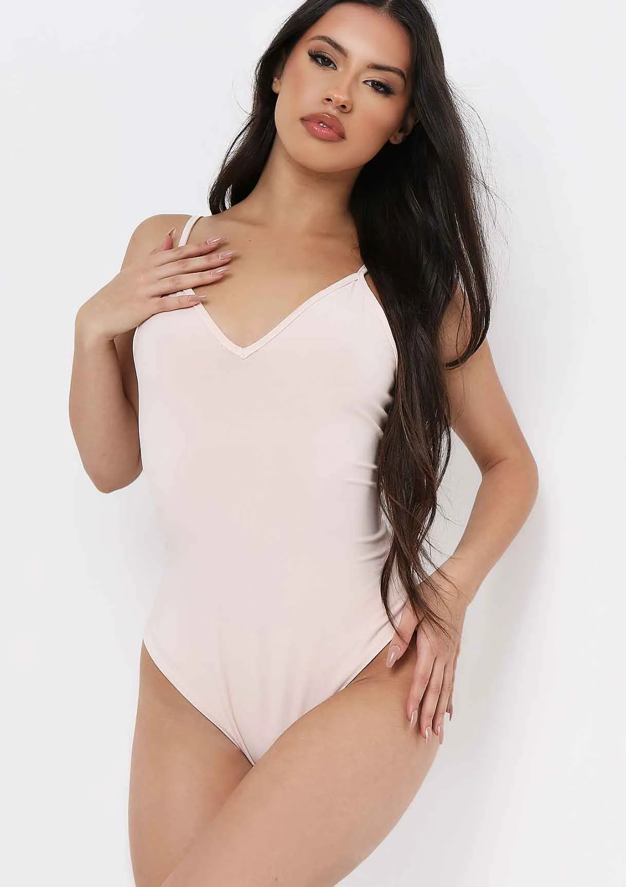 Sidra Stone Smooth Plunge Strappy Bodysuit sold by Missy Empire