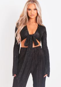Alice Black Plisse Wrap Tie Crop Top sold by Missy Empire