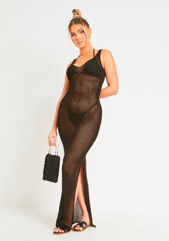 Lana Black Crochet Side Split Maxi Dress sold by Missy Empire