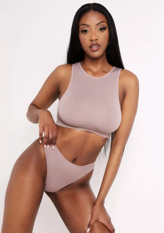 Jacqueline Mocha Seamless Ribbed Racer Crop Top sold by Missy Empire
