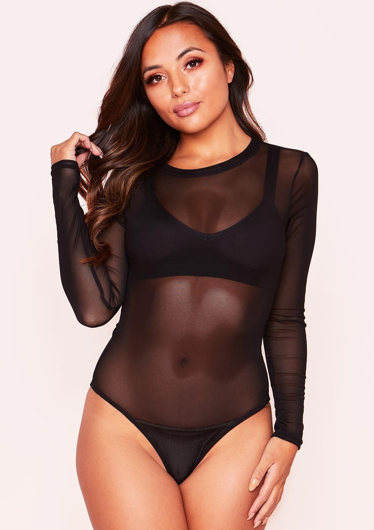 Kali Black Mesh Long Sleeve Bodysuit sold by Missy Empire