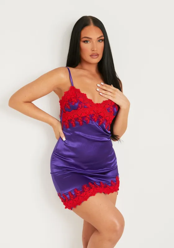 Dionne Purple Lace Detail Satin Dress With Slit sold by Missy Empire