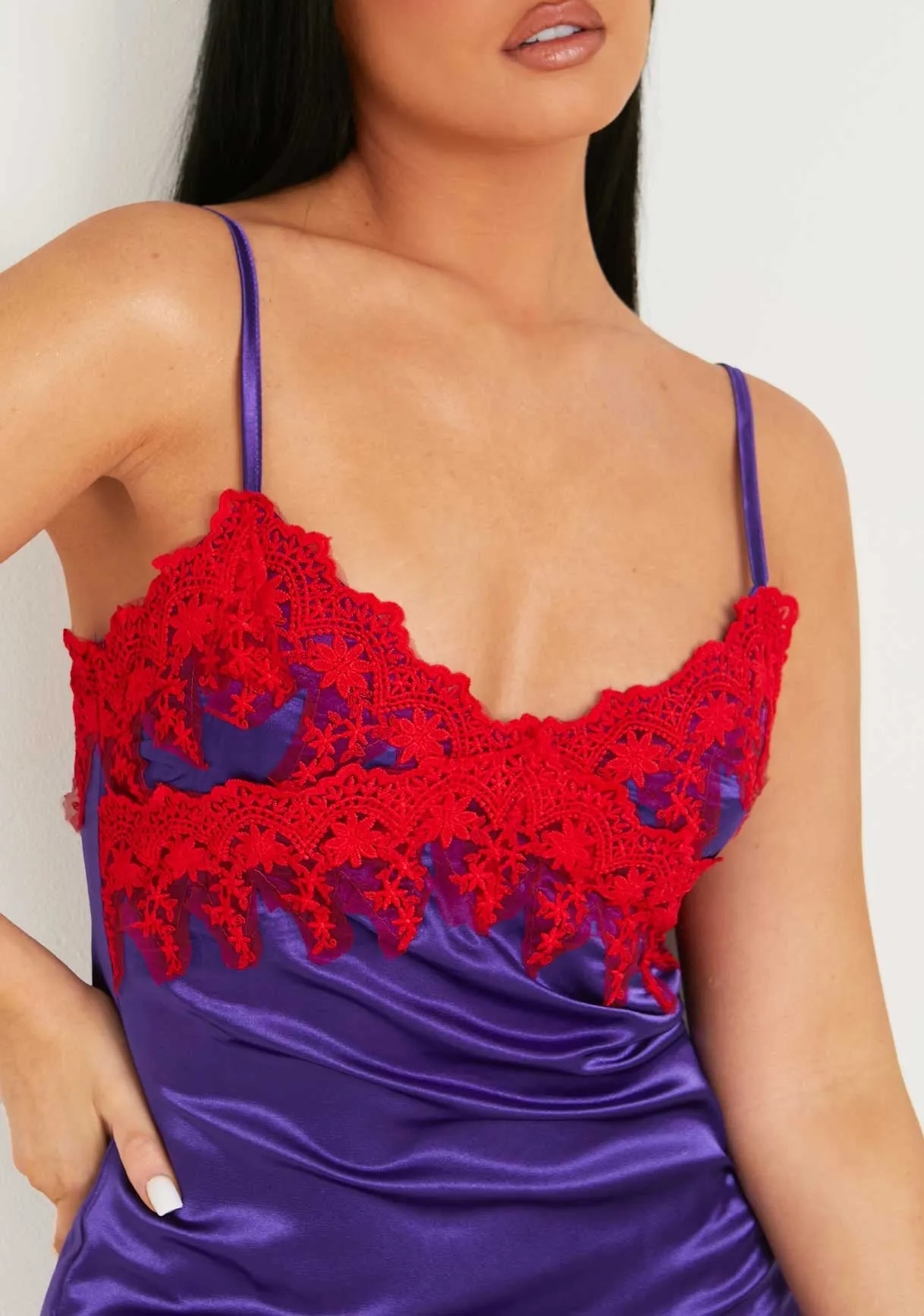 Dionne Purple Lace Detail Satin Dress With Slit sold by Missy Empire product image thumbnail 2