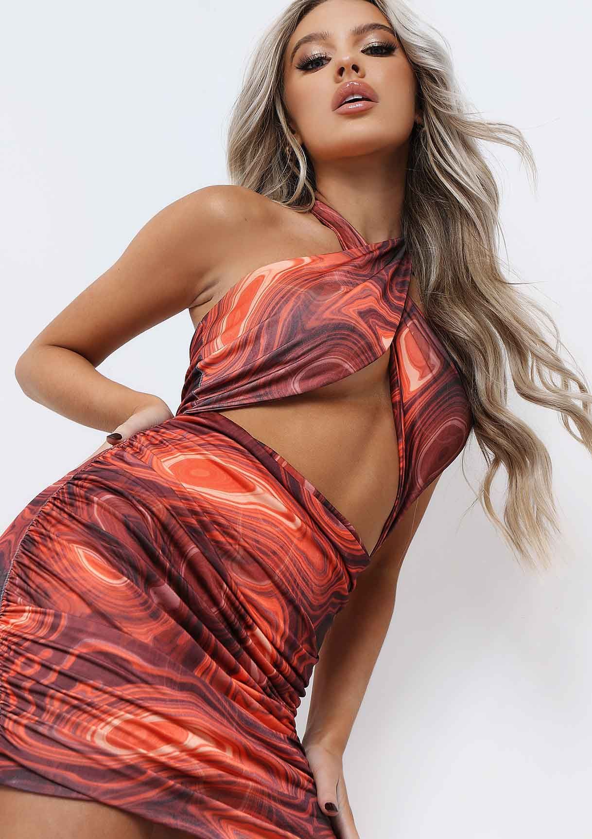 Dakota Orange Swirl Print Print Halterneck Cross Over Mini Dress sold by Missy Empire product image thumbnail 2