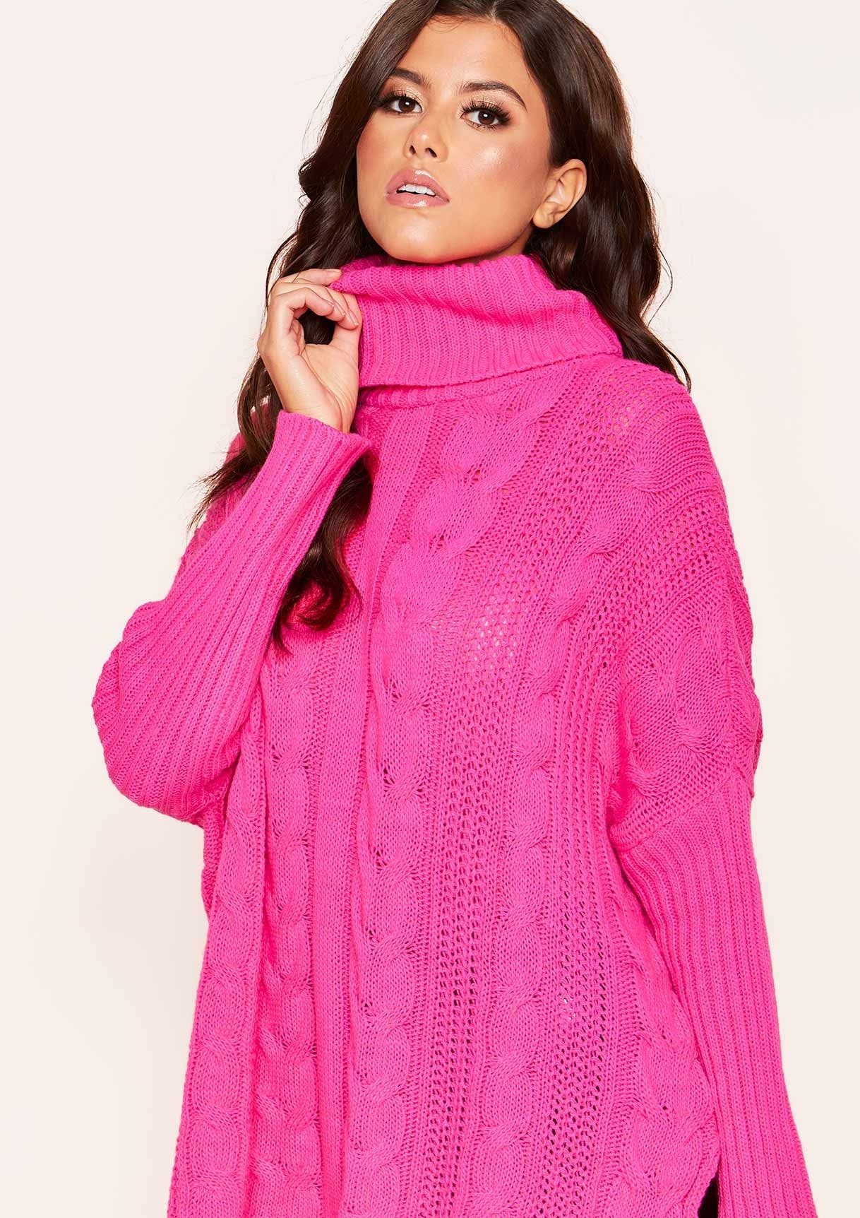 Dani Hot Pink Cable Knit Roll Neck Jumper sold by Missy Empire product image thumbnail 4