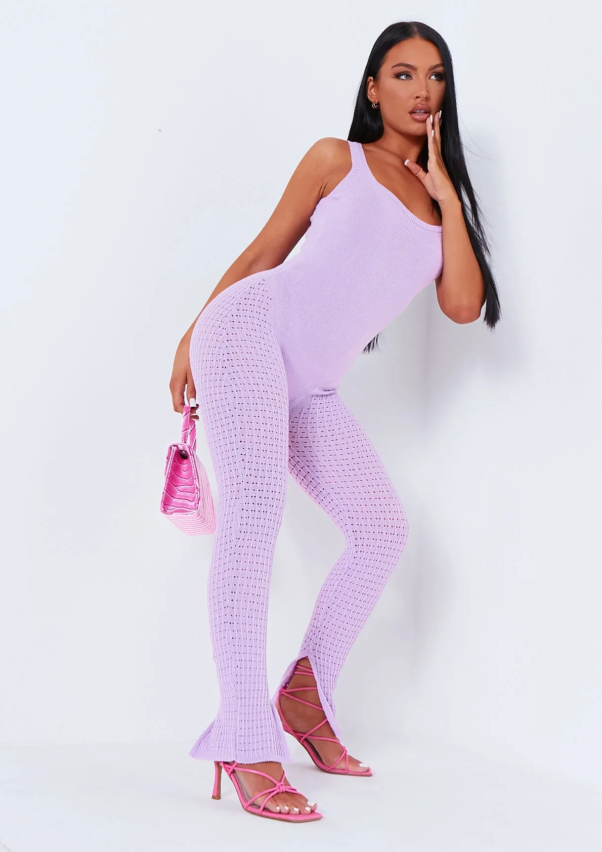 Ava Lilac Knitted Open Back Jumpsuit sold by Missy Empire