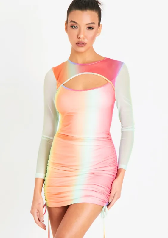 Cassidy Multi Ombre Stripe Cut Out Ruched Mini Dress sold by Missy Empire