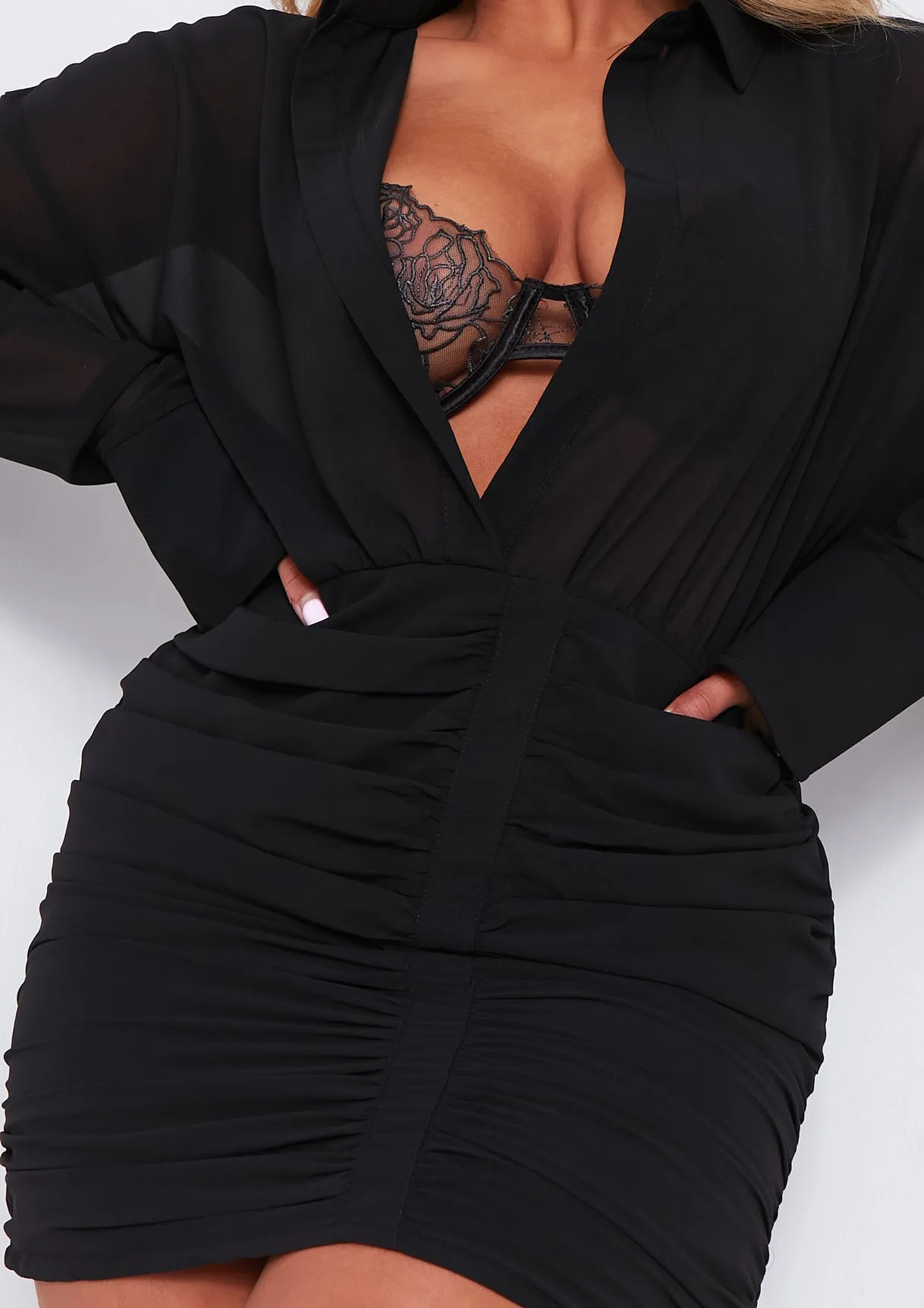 Kirsty Black Long Sleeve Plunge Front Ruched Skirt Mini Dress sold by Missy Empire product image thumbnail 2