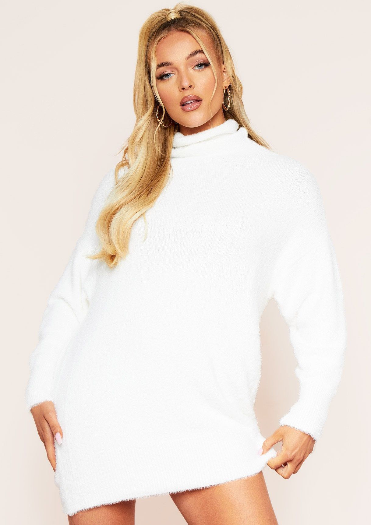 Tatiana Cream Fluffy Knit Roll Neck Jumper Dress sold by Missy Empire product image thumbnail 2