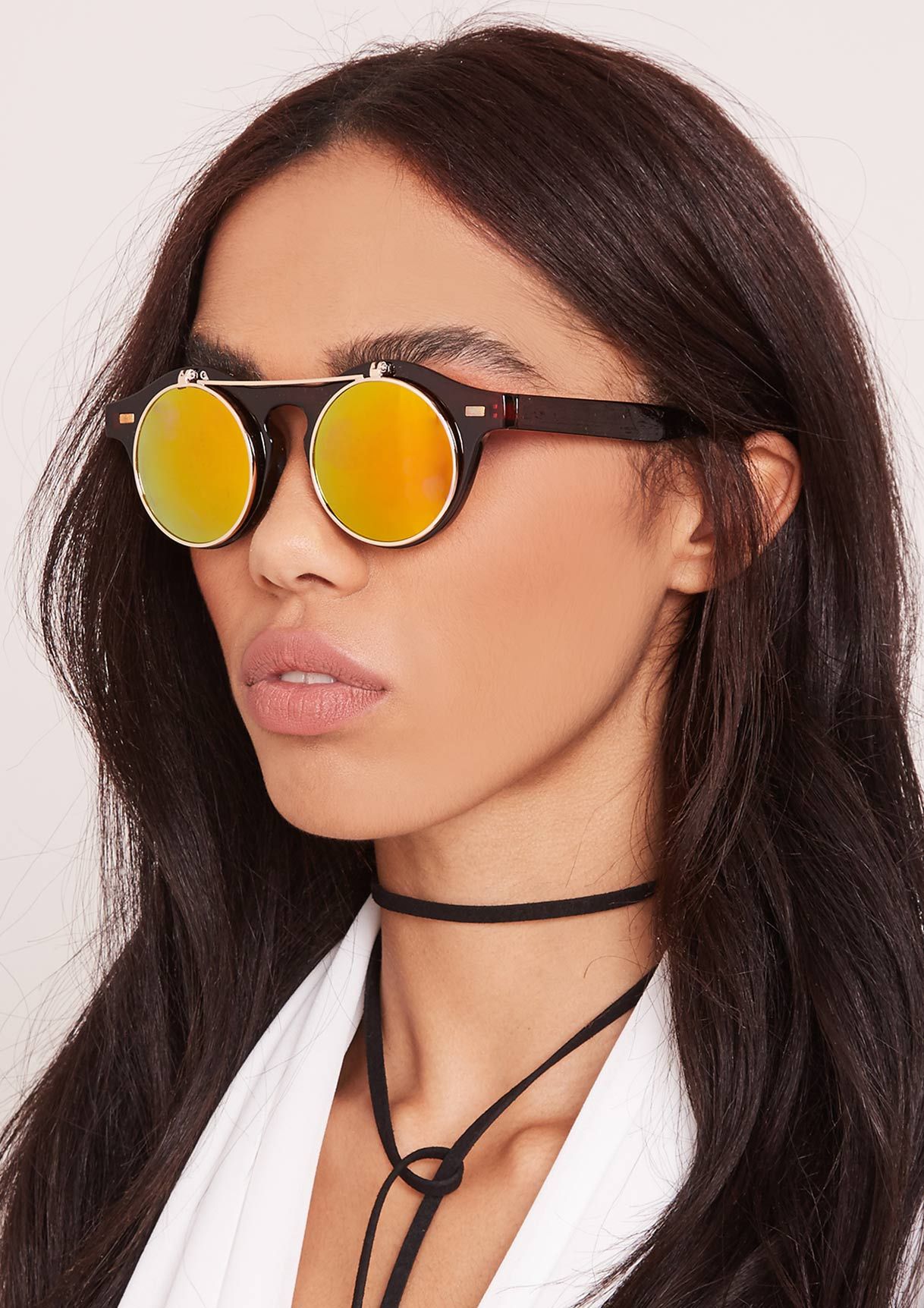 Jessica Yellow Tinted Flip Sunglasses sold by Missy Empire