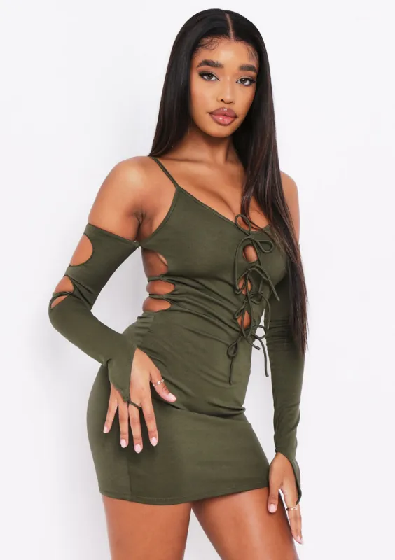 Lalie Khaki Cut Out Tie Mini Dress sold by Missy Empire