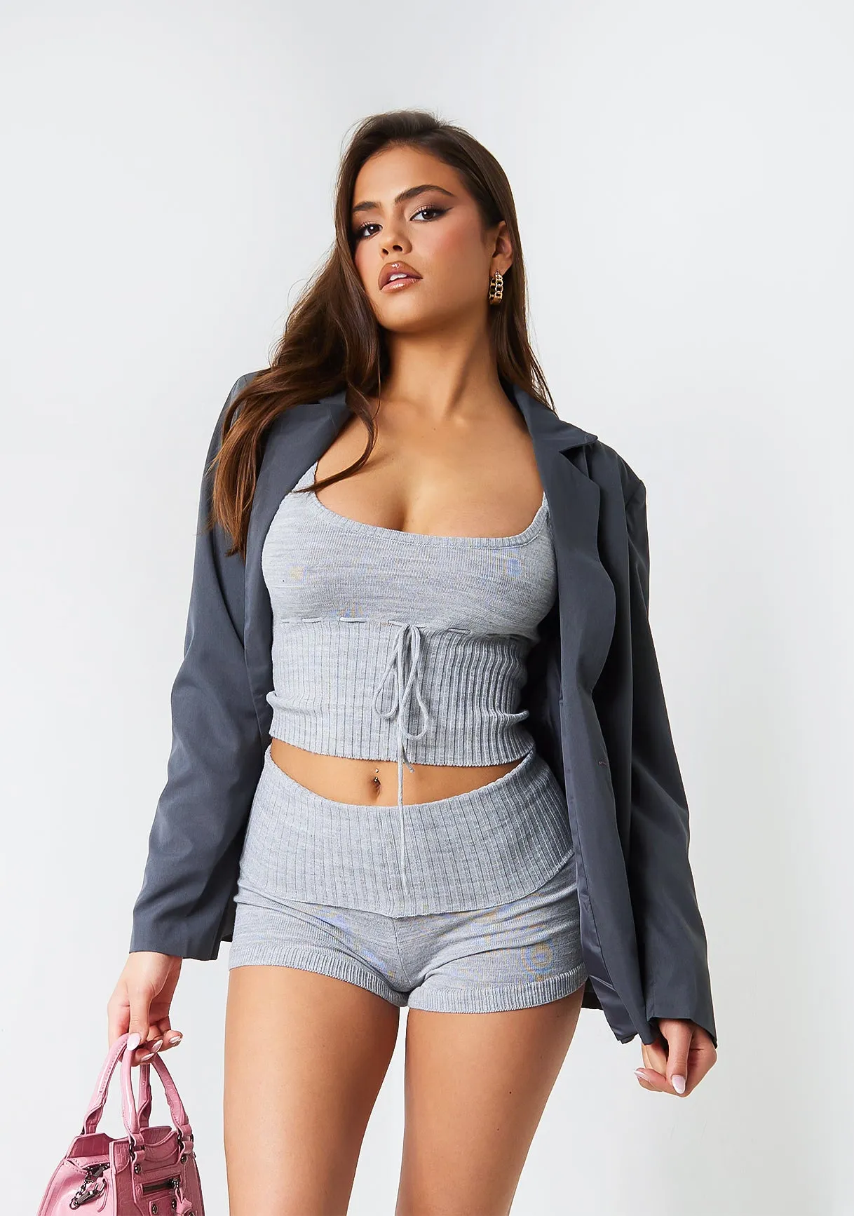 Fallon Grey Knitted Tie Front Cami Top sold by Missy Empire product image thumbnail 2