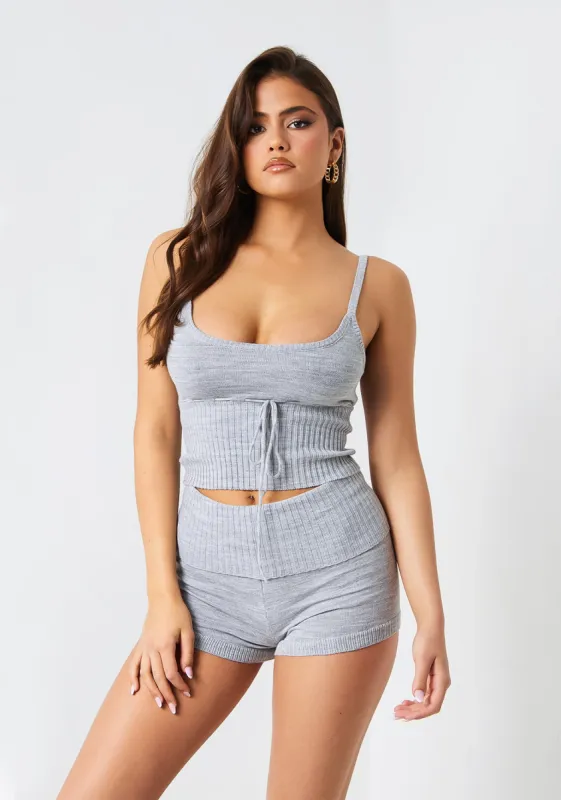 Fallon Grey Knitted Tie Front Cami Top sold by Missy Empire