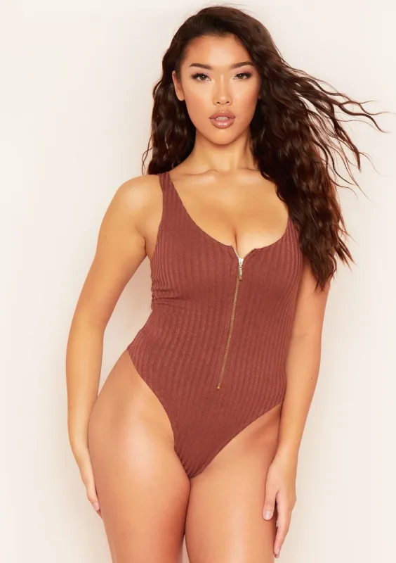 Psalm Brown Plunge Zip Ribbed Bodysuit sold by Missy Empire