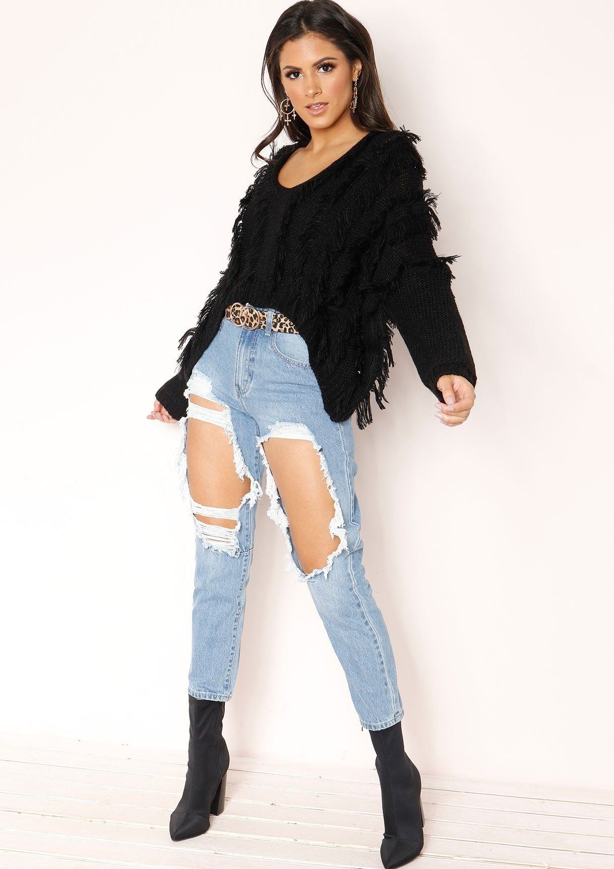 Katarina Black Fringing Cropped Jumper sold by Missy Empire product image thumbnail 2