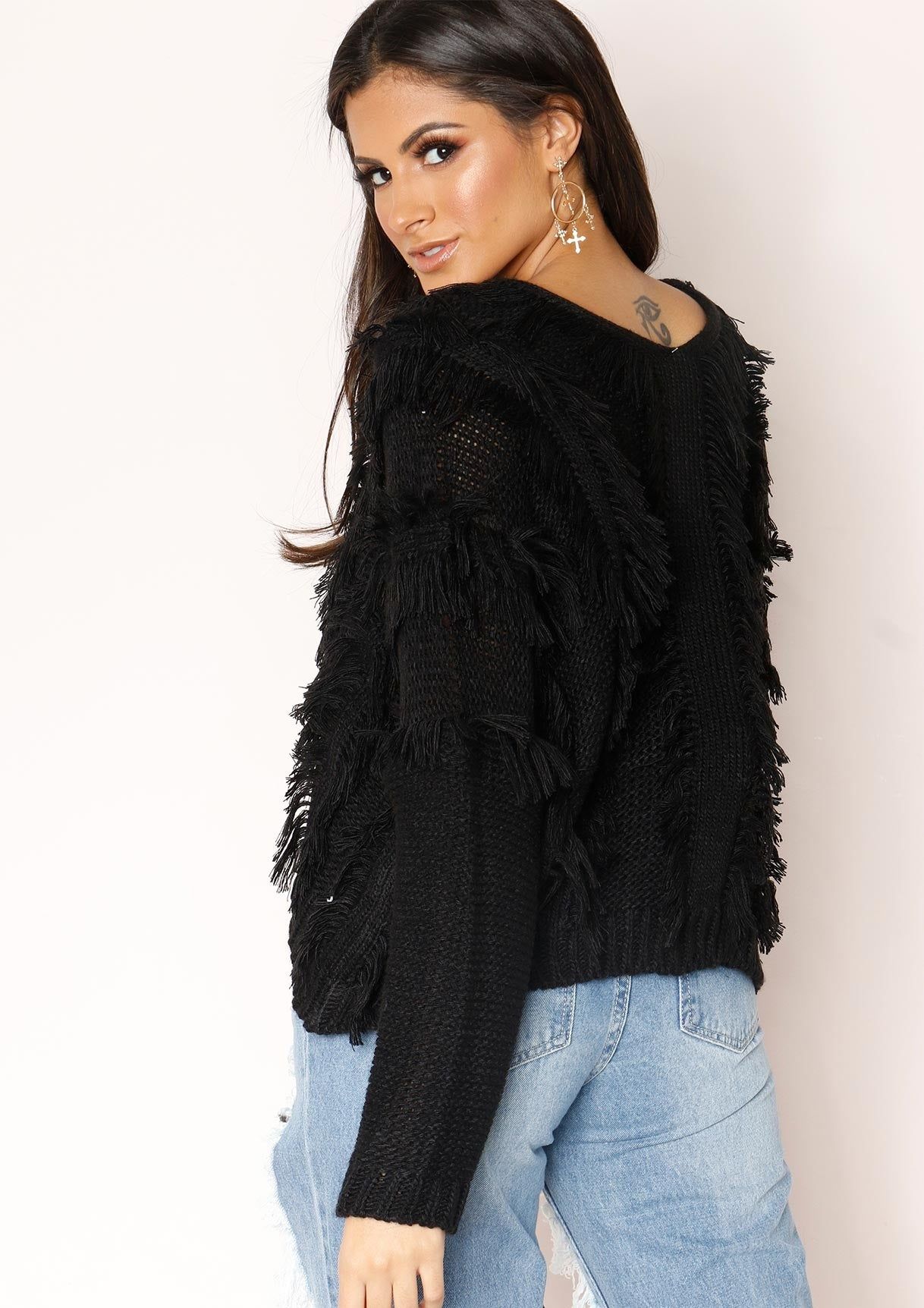 Katarina Black Fringing Cropped Jumper sold by Missy Empire product image thumbnail 4