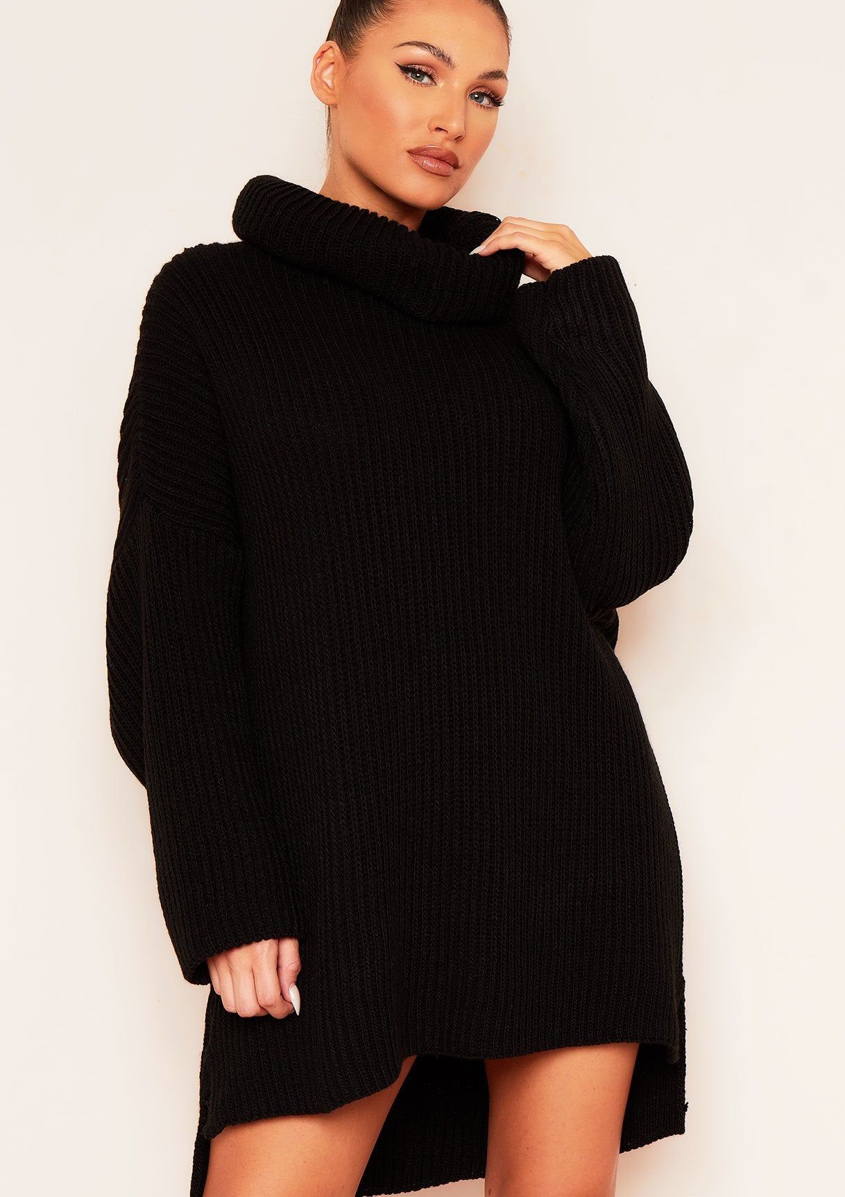 Courtney Black Roll Neck Knitted Dip Hem Jumper Dress sold by Missy Empire product image thumbnail 3