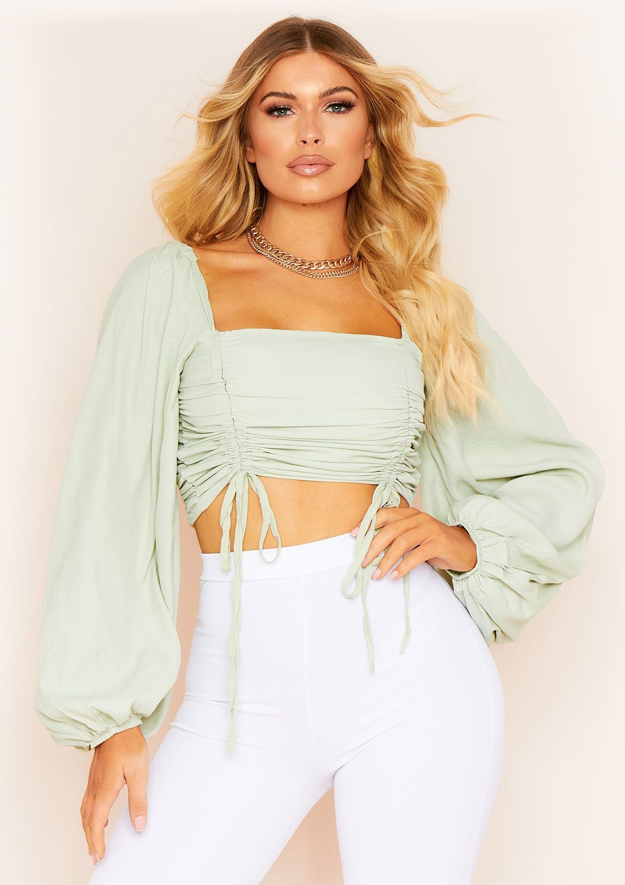 Izzy Sage Ruched Tie Long Puff Sleeve Crop Top sold by Missy Empire product image thumbnail 2