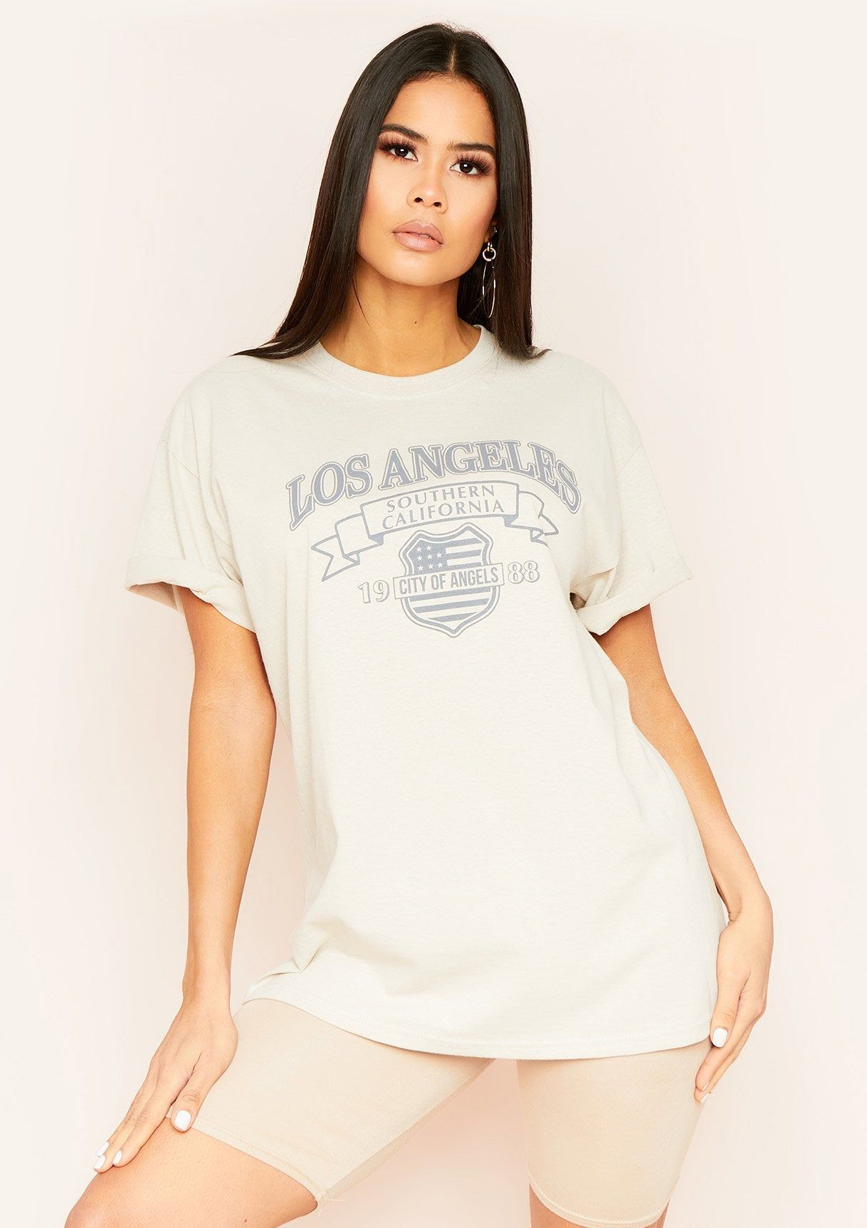 Sana Sand Los Angeles Slogan Graphic Oversized T-Shirt sold by Missy Empire