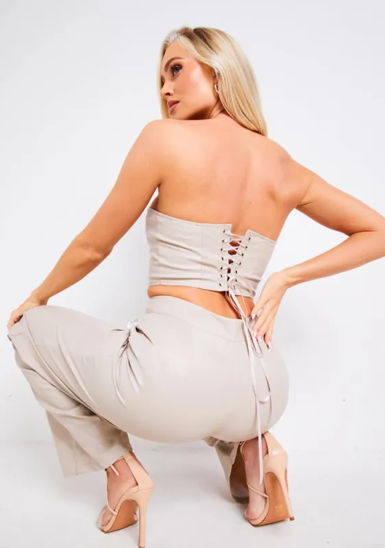 Isabelle Cream PU Lace Up Corset Back Top sold by Missy Empire