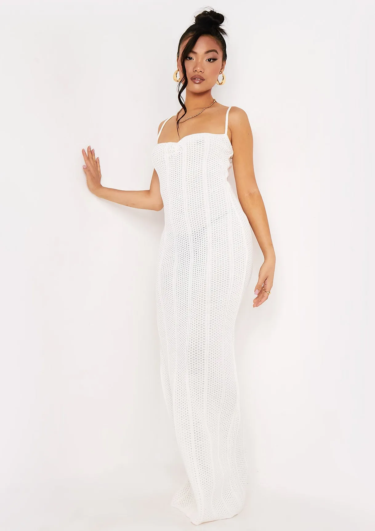 Stella Ivory Ruched Front Crochet Maxi Dress sold by Missy Empire