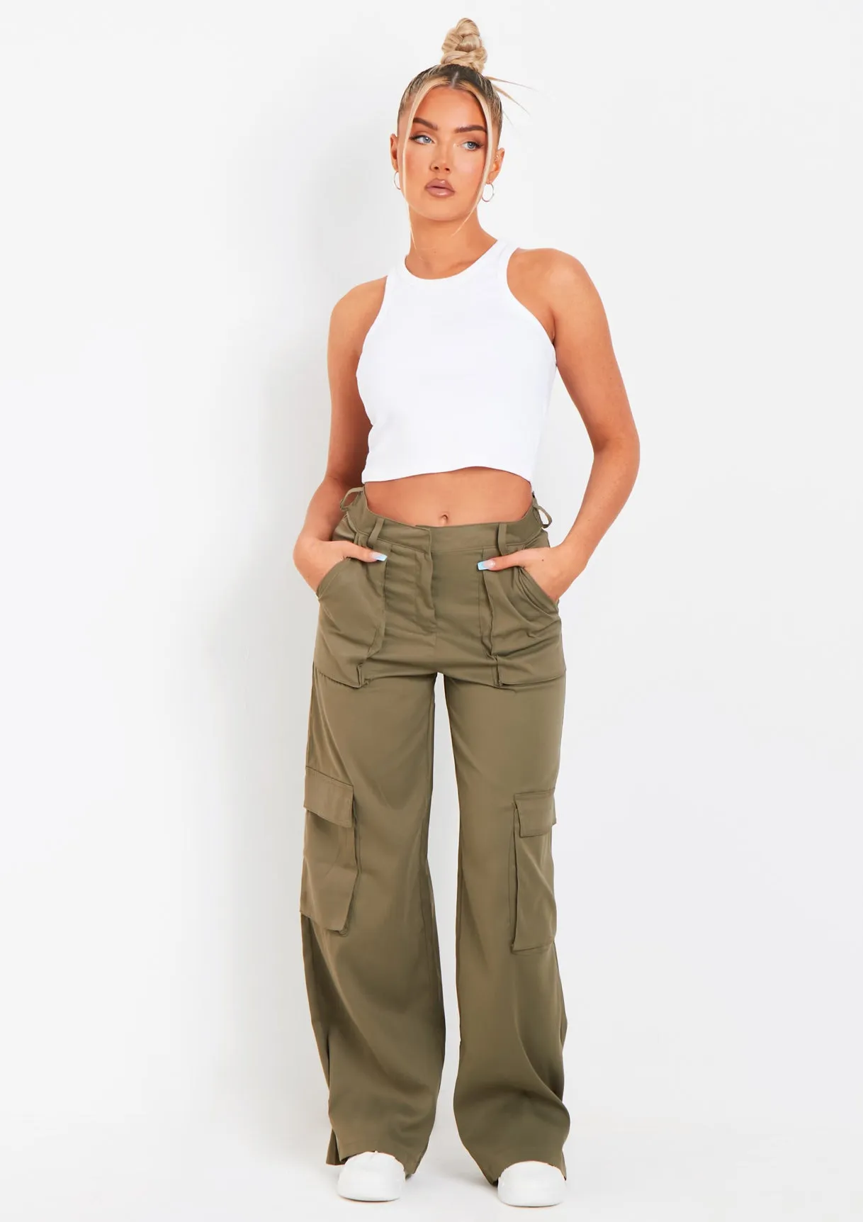 Ainsley Khaki Pocket Detail Mid Rise Cargo Pants sold by Missy Empire