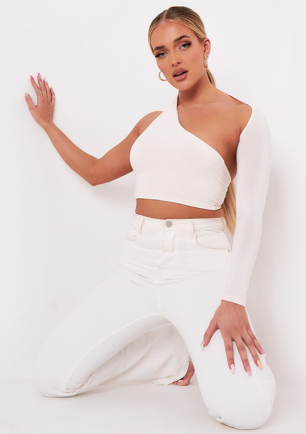 Sam Beige One Shoulder Long Sleeve Crop Top sold by Missy Empire