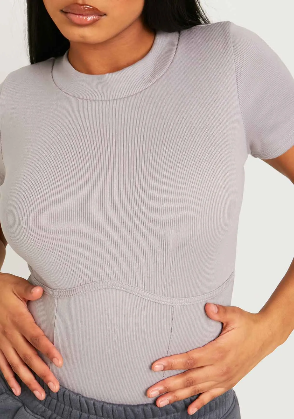 Naiya Grey Ribbed Structured Bodysuit sold by Missy Empire