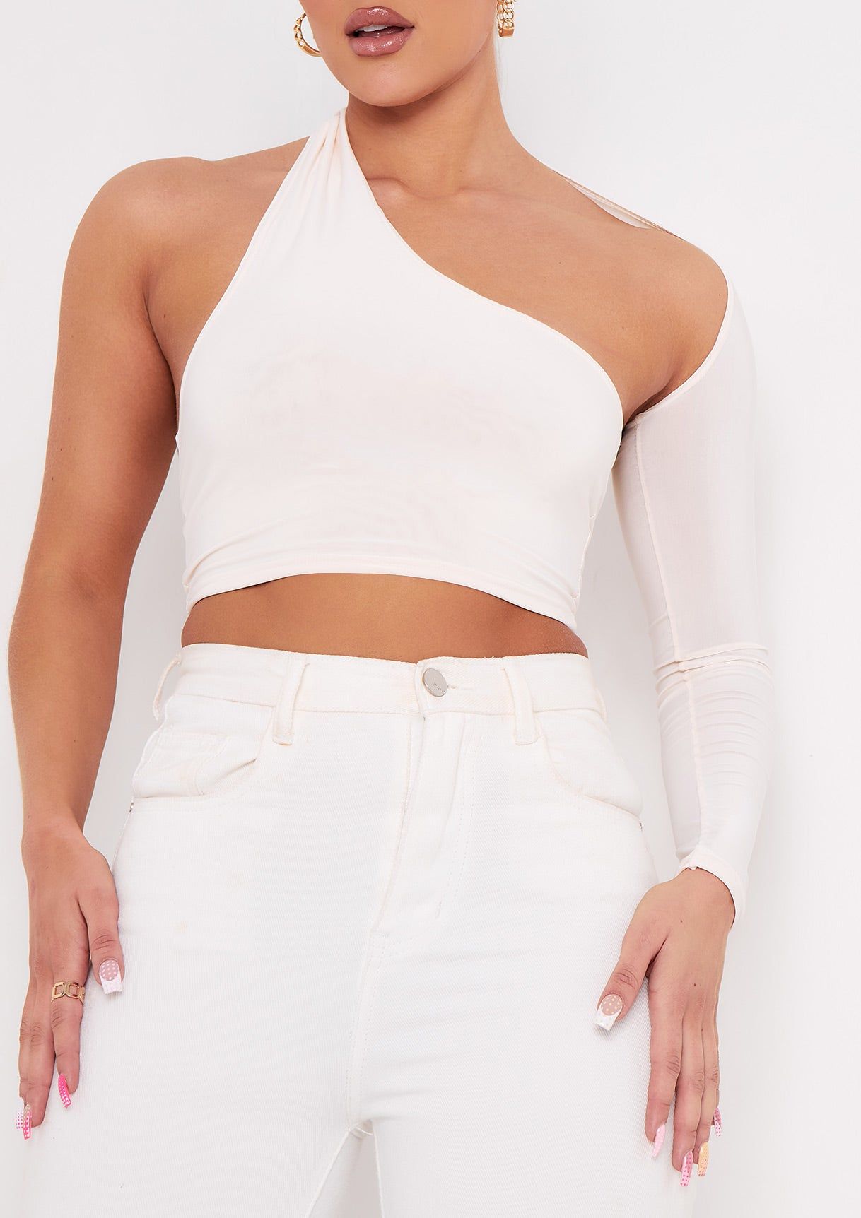Sam Beige One Shoulder Long Sleeve Crop Top sold by Missy Empire product image thumbnail 3