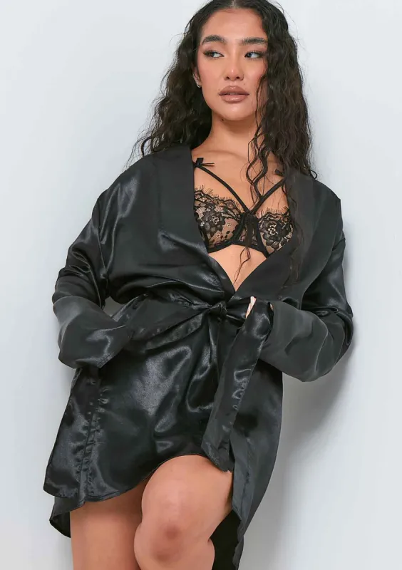 Neelam Black Satin Tie Waist Dressing Gown sold by Missy Empire