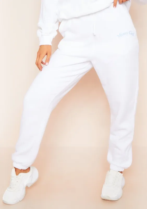 Larsa White Missy Girl Slogan Joggers made by Missy Empire