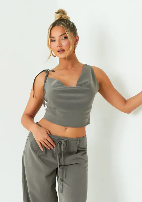 Ellen Grey Asymmetric Cowl Neck Top sold by Missy Empire