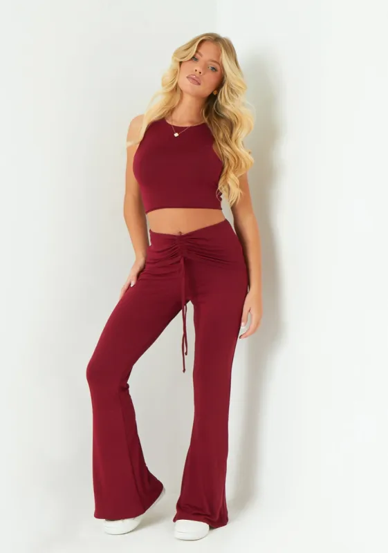 Carmen Wine Ruched Front Fold Over Trouser made by Missy Empire