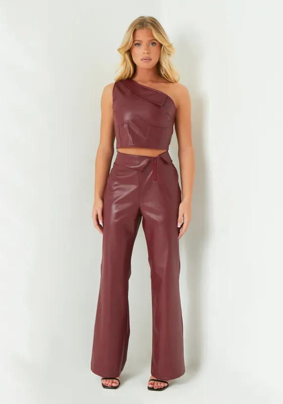 Marlowe Wine Fold Over Faux Leather Flare Trouser sold by Missy Empire