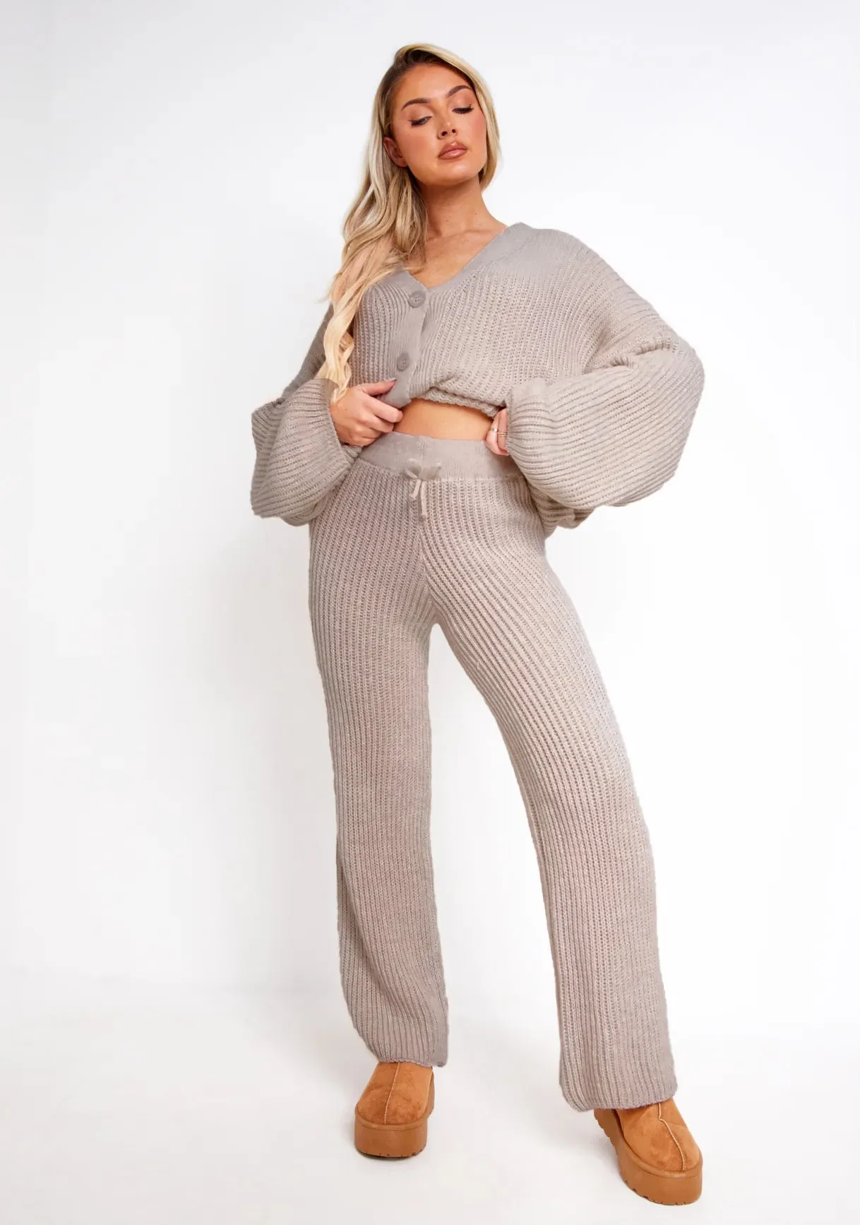 Chantelle Mocha Chunky Knit Cardigan & Trouser Co-Ord Set sold by Missy Empire
