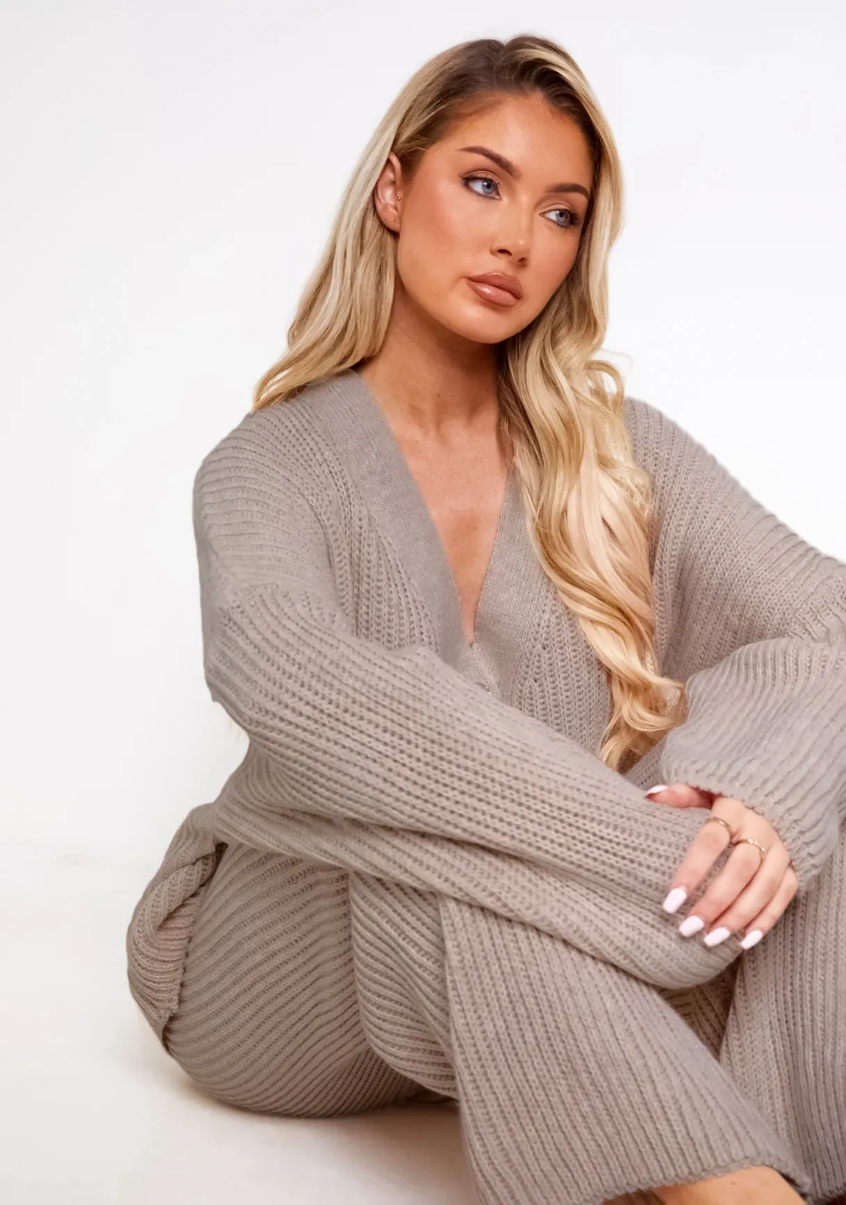 Chantelle Mocha Chunky Knit Cardigan & Trouser Co-Ord Set sold by Missy Empire product image thumbnail 2