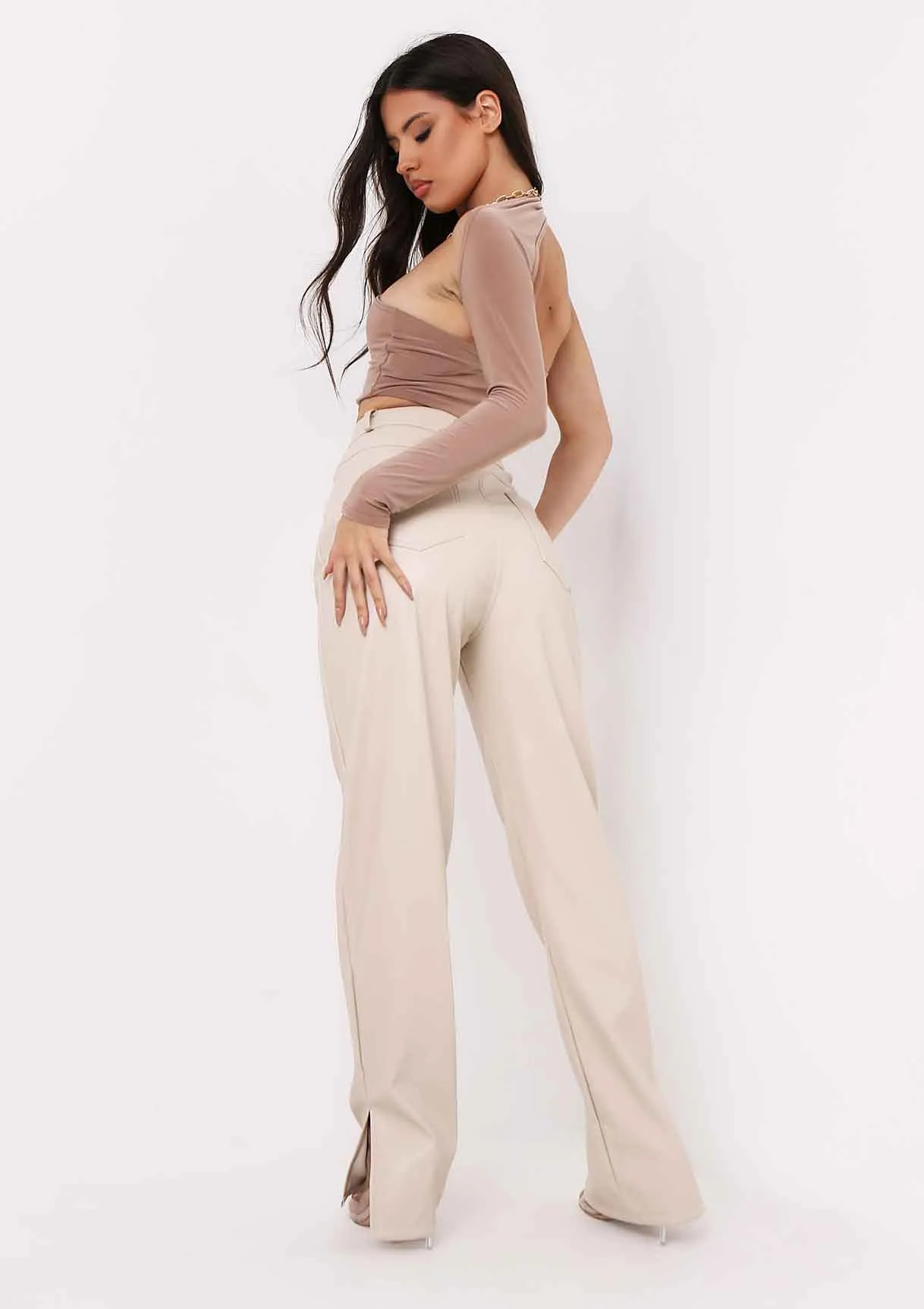 Sam Taupe One Shoulder Long Sleeve Crop Top sold by Missy Empire product image thumbnail 3